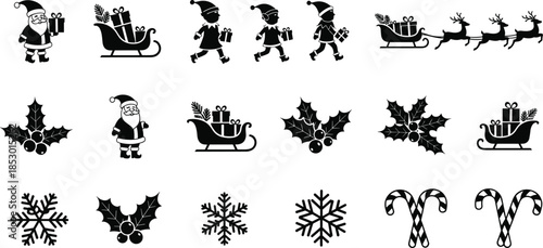 Christmas holiday icon set featuring Santa, elves, sleigh, reindeer, holly, snowflakes and candy canes, black silhouette vector illustration