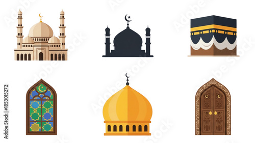 Islamic mosque and ramadan symbols icon set with kaaba dome window and door flat vector illustration