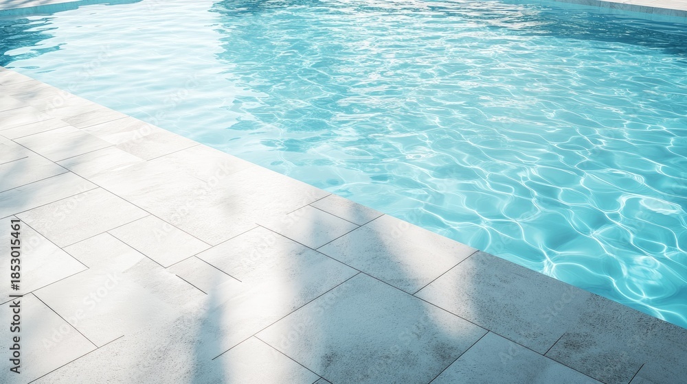 Obraz premium Tranquil Swimming Pool with Clear Water and Sunlight Reflection on Modern Tile Surrounding for Relaxation and Leisure Activities