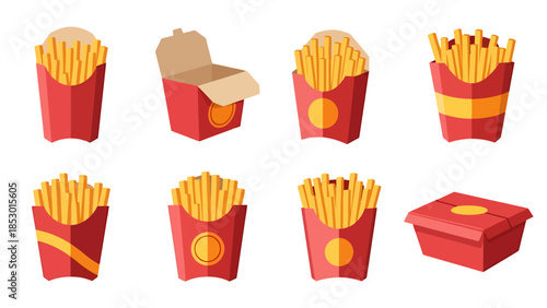 Collection of Crunchy Potato Fries in Red Takeout Containers for Fast Food Dining