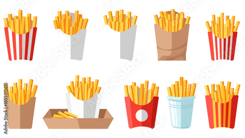 Collection of Delicious Potato Fries in Various Packaging for Food Service Businesses
