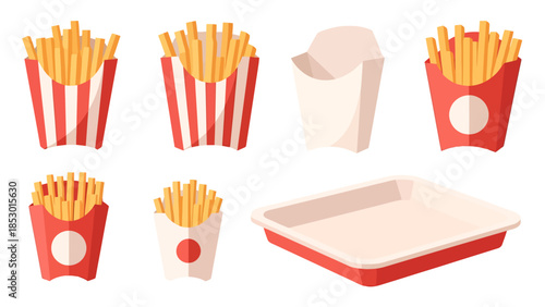 Crispy Potato Fries in Various Cardboard Containers and Serving Tray