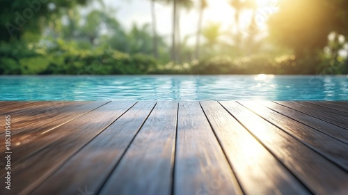 Tranquil outdoor scene with wooden deck, shimmering pool water, and vibrant greenery under soft sunlight during a peaceful morning or afternoon setting