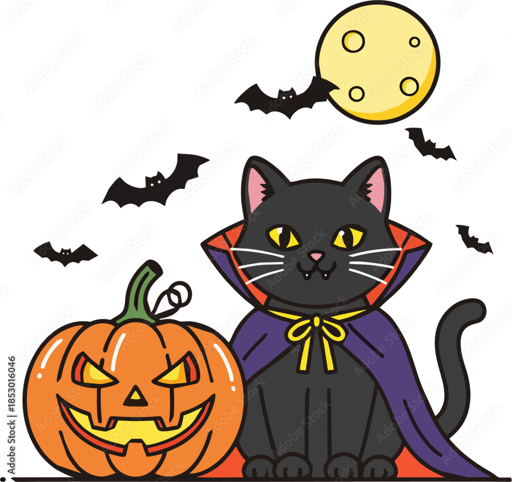 Fototapeta premium Halloween Vampire Cat with Purple Cape and Yellow Bow Sitting Beside Jack-o'-Lantern and Bats – Cute Cartoon Vector