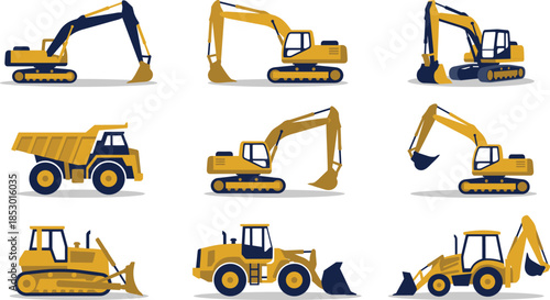 Construction equipment flat illustration set with excavators bulldozers loaders dump trucks heavy machinery vehicles isolated on white background