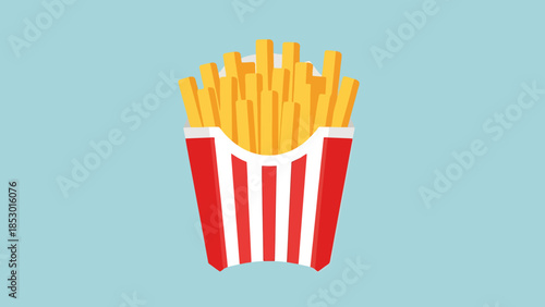 Golden Fried Potato Batons in Iconic Container Against Blue Background Food Art