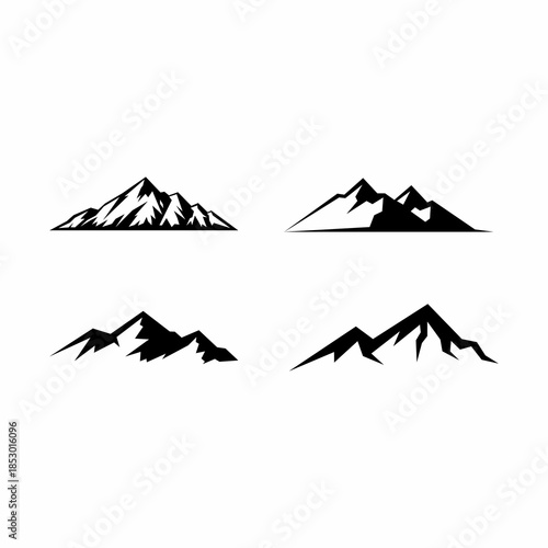 Black mountain vector icons, silhouette peaks, minimal nature clipart, adventure design elements, outdoor hiking shapes, alpine ridge graphic set