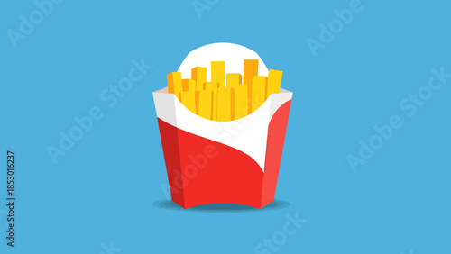 Crispy Golden Potato Fries in Red Cardboard Container on Blue Background
