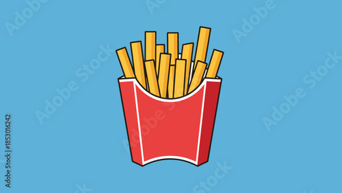 Red Paper Container Filled with Golden Fried Potato Sticks on a Blue Background