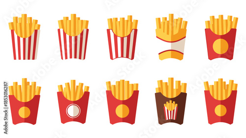 Assortment of French Fry Containers with Golden Potato Sticks Fast Food Snack Collection