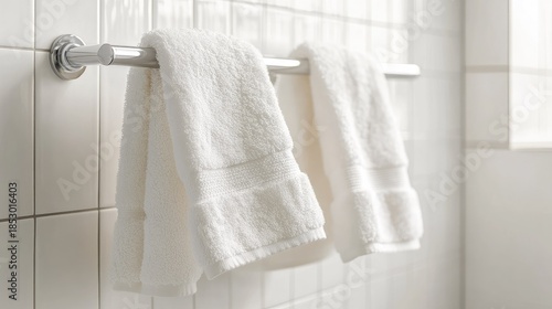 Soft White Bath Towels Hanging on a Silver Towel Rack in a Bright and Clean Bathroom Environment with Subtle Light and Minimalist Design Elements