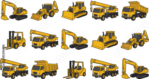 Construction machinery icon set featuring excavator bulldozer crane forklift dump truck heavy industrial vehicles vector illustration isolated on white background