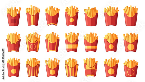 Collection of Potato Fries in Red Paper Containers Fast Food Snack Assortment