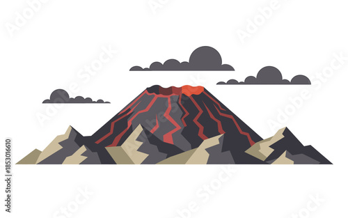 Erupting volcano with lava flows and clouds