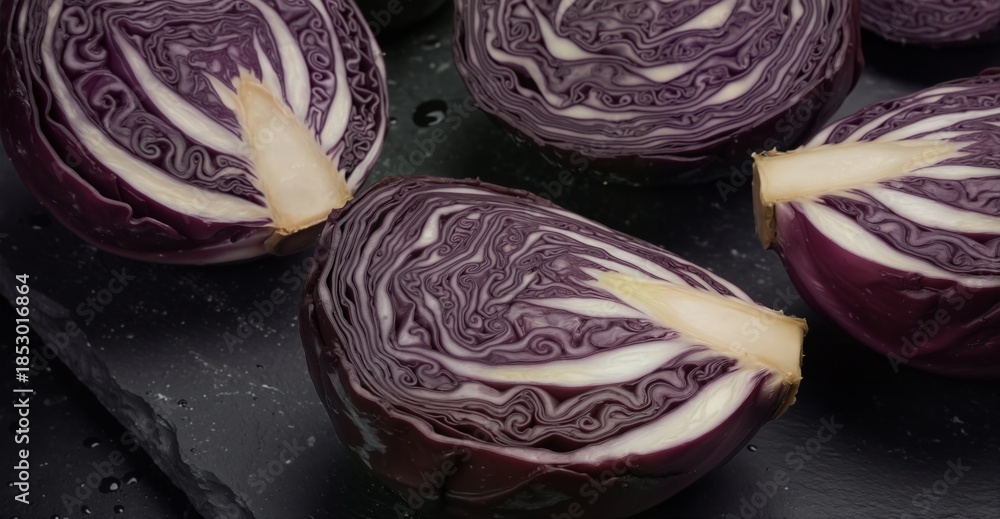 Fototapeta premium fresh red cabbage halves displayed on a dark slate surface, healthy food ingredient for salads and cooking.
