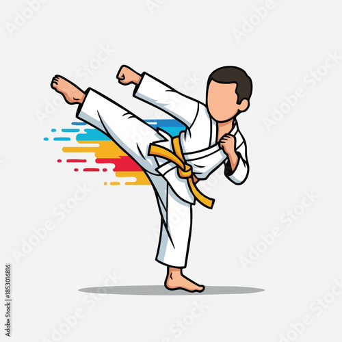 Young martial artist executing a powerful side kick with a vibrant abstract background digital illustration