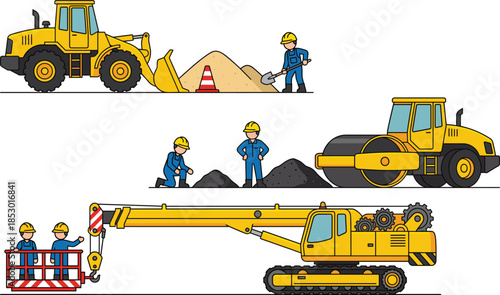 Construction site illustration with workers and heavy machinery including wheel loader road roller crane excavator for industrial building projects