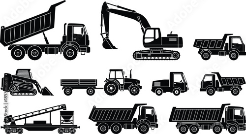 Construction vehicle black silhouette set with excavator dump truck loader tractor conveyor heavy industrial machinery illustration collection