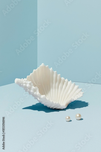 A white shell-shaped object with ridges sits on a light blue background. Two small pearls are placed beside it, creating a minimalist and elegant composition.
