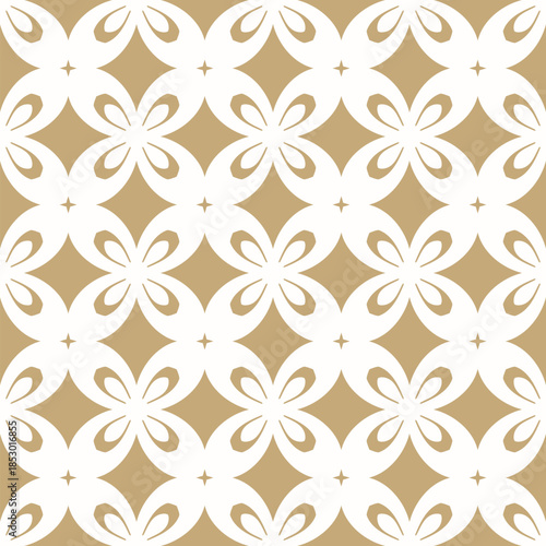 Abstract golden vector seamless pattern. Simple grid ornament with flower silhouettes, diamond shapes, floral tiles. Gold and white luxury background texture. Repeated design for print, decor, textile