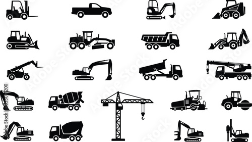 Construction vehicle silhouette icon set with excavator crane dump truck forklift bulldozer heavy machinery black vector illustration