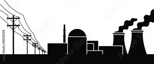 Power plant silhouette, nuclear energy station, electric grid, cooling towers, smokestacks, power generation, utility infrastructure, electricity production