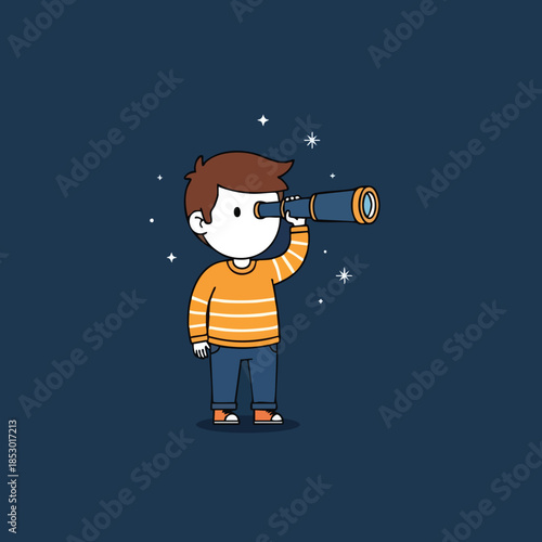 A young boy gazing at starry night sky with a telescope for cosmic exploration and discovery