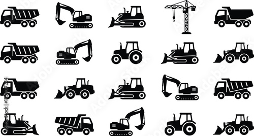 Construction vehicle silhouette icon set featuring excavator bulldozer dump truck crane tractor heavy machinery black vector illustration