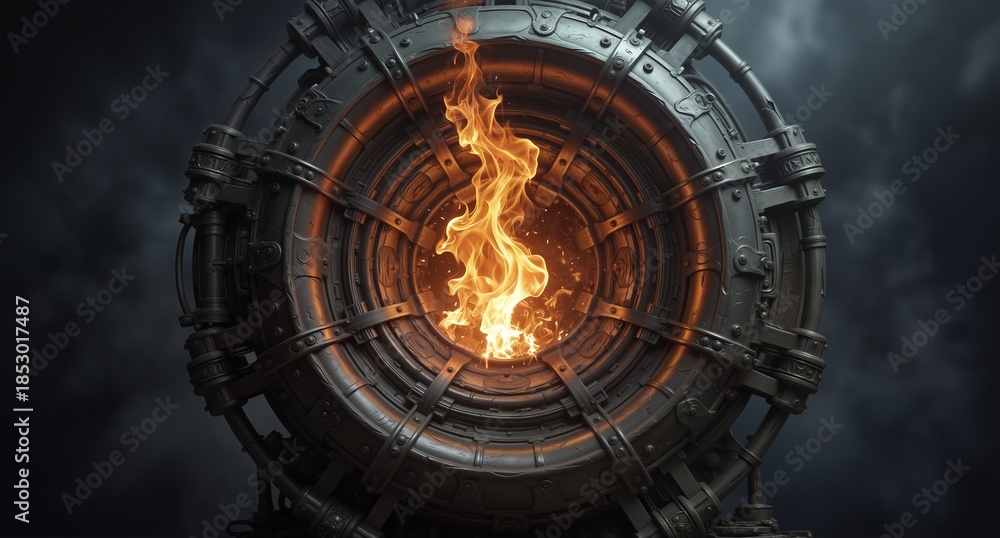 Fototapeta premium intricate steampunk furnace with glowing orange flames inside, dramatic lighting