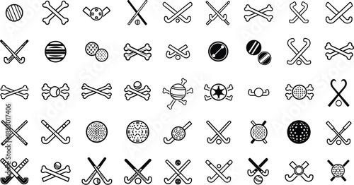 Crossed field hockey sticks and ball icons set, sports symbols outline vector illustration isolated on white background for logo design