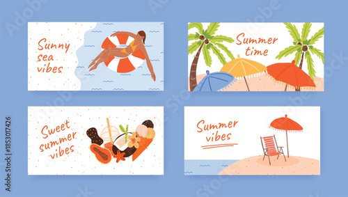 Collection of summertime horizontal postcard. Beach, vacation, palm trees, fruits, drinks, umbrellas and swimwear. Tropical and fun banner designs for summer promotions, banners