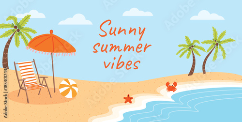 Beach landscape with palm trees, striped deck chair, sun umbrella, beach ball, crab, starfish and waves. Bright childlike design with light blue sky and cartoon elements. Vector illustration for ads.