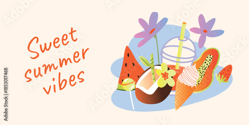 Cartoon sweet food. Ice cream, coconut drink, watermelon slice, papaya, strawberries, lollipop and flowers. Bright colorful design in hand drawn style. Vector illustration for ads.