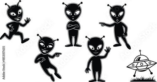 Cute alien cartoon silhouette characters set with UFO spaceship, funny extraterrestrial poses vector illustration isolated on white background