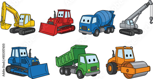 Cute cartoon construction vehicles illustration set with excavator bulldozer concrete mixer crane dump truck road roller characters