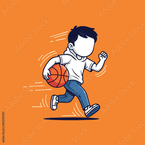 Energetic child actively playing basketball on a vibrant orange background illustrating sports enthusiasm and physical activity for young athletes