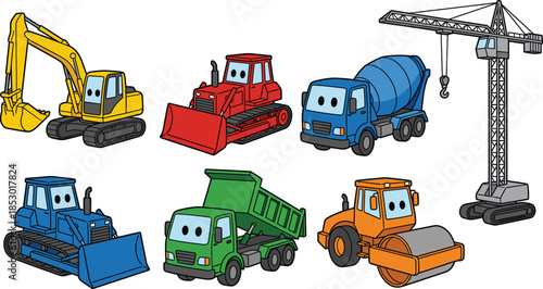 Cute cartoon construction vehicles set featuring excavator bulldozer concrete mixer dump truck crane road roller colorful illustration