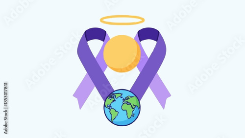 Emblem of global awareness and remembrance with purple ribbons, a halo, and an Earth illustration, symbolizing universal solidarity and support for a vital cause