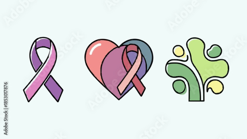 Three conceptual awareness ribbons, symbolizing support and hope for various causes and campaigns