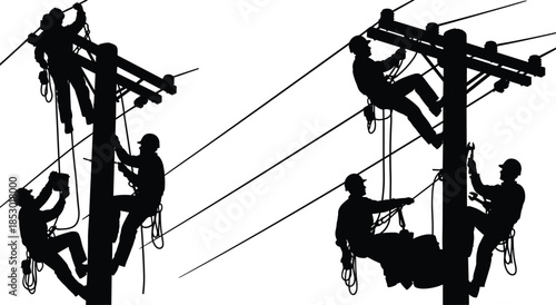 Electric utility line workers silhouette, professional linemen repairing overhead power lines, industrial safety teamwork on energy infrastructure maintenance repair illustration