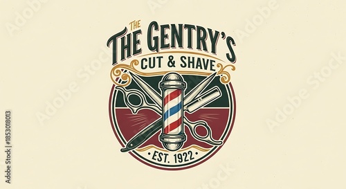 A vintage-style barbershop logo with scissors, a straight razor, and a classic barber pole. The design is circular, with a retro aesthetic