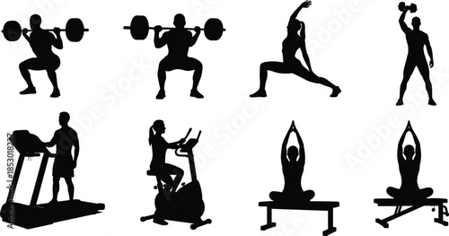 Fitness workout silhouette set with weightlifting yoga cardio treadmill cycling gym exercises vector illustration isolated on white background