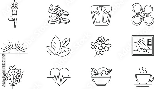 Healthy lifestyle outline icon set with yoga fitness food nature wellness symbols vector illustration isolated on white background design