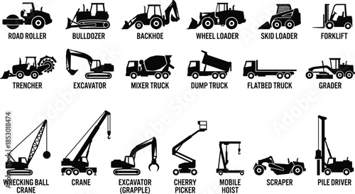 Heavy construction machinery silhouette icon set with labeled vehicles including excavators loaders trucks cranes graders for industrial engineering projects