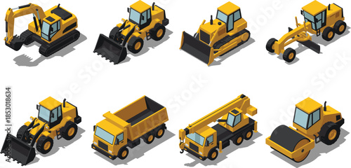 Isometric construction equipment illustration set featuring excavator loader bulldozer grader dump truck crane roller heavy machinery vehicles isolated industrial engineering