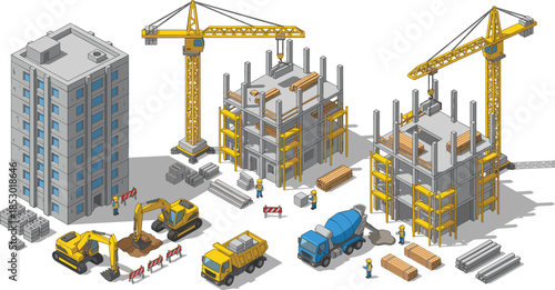 Isometric building construction site illustration with cranes workers excavators trucks concrete structures urban development engineering project scene
