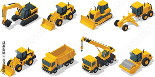 Isometric construction equipment illustration set featuring excavator loader bulldozer grader dump truck crane roller heavy machinery vehicles