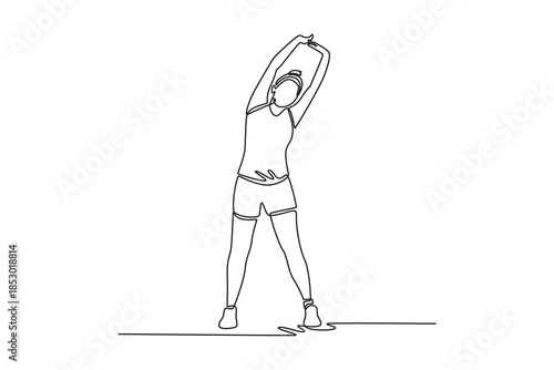 Healthy woman warming up stretching her arms. Physical Activity concept. Single line draw design. Vector graphic illustration