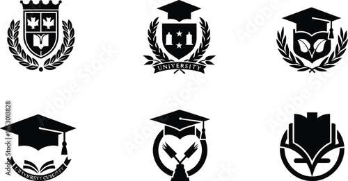 Academic emblem icons, graduation cap, university shield, scholarly symbol, laurel wreath, open book, education logo, black illustration, college badge