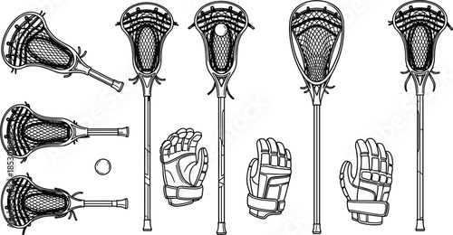 Lacrosse equipment illustration set, sticks gloves and ball, detailed line art sports gear icons, professional athletic game design collection